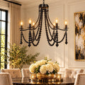 Black Candle Style Six Light Metal and Beads Dimmable Chandelier
