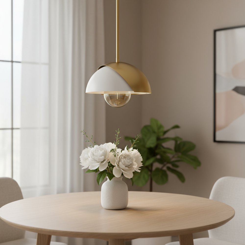 Brass And White Single Metal Dimmable Ceiling Light With White Shades