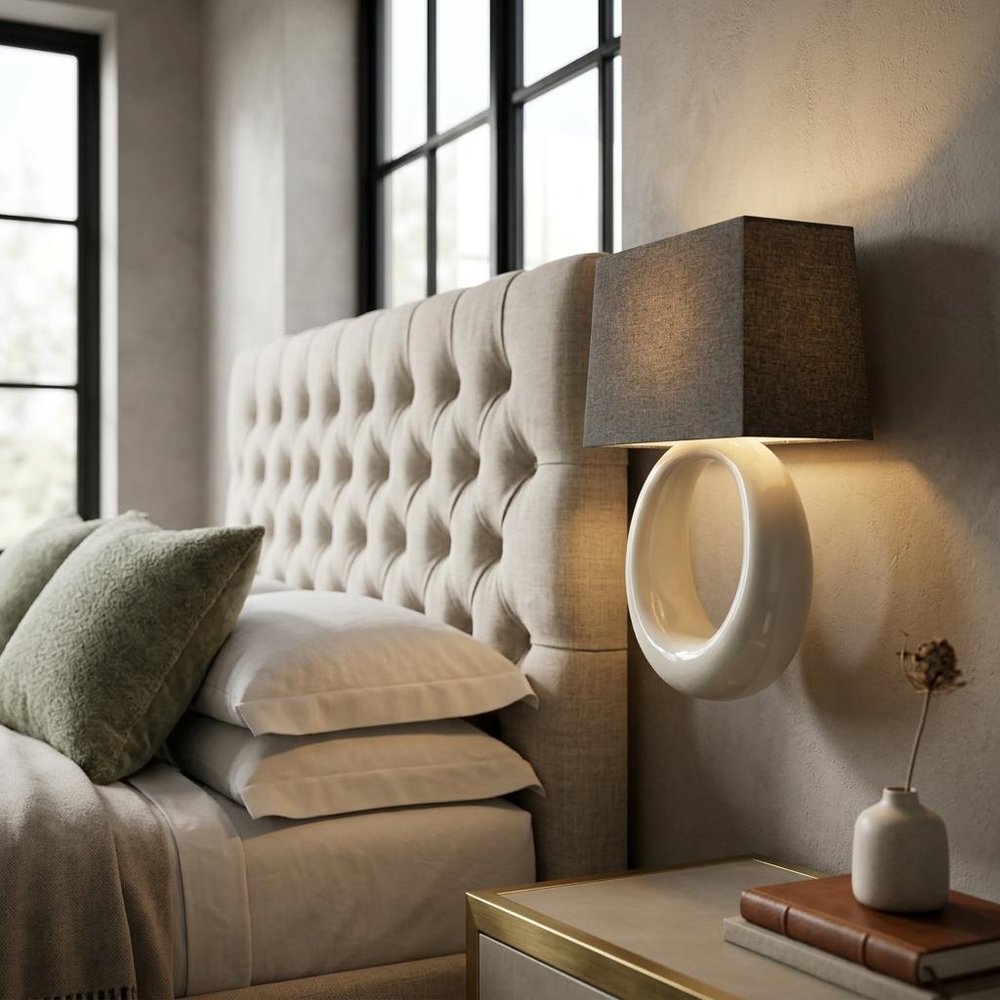 12" Dark Gray And Light Gray Steel And Fabric Armed Sconce
