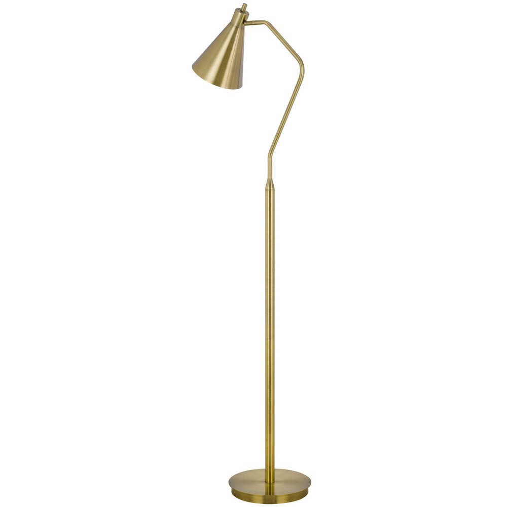 63" Antiqued Brass Metal Reading Floor Lamp With Antiqued Brass Metal Cone Shade