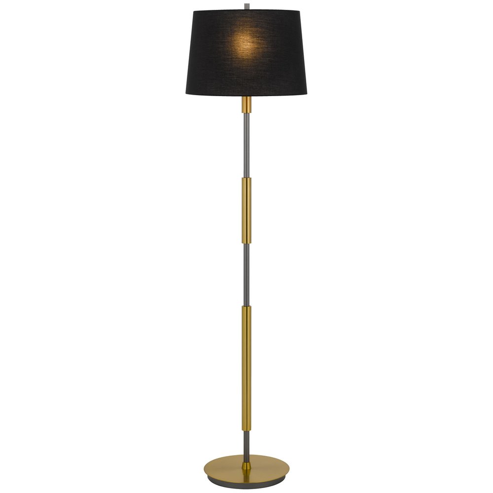 60" Antiqued Brass Metal Floor Lamp With Black Fabric Drum Shade