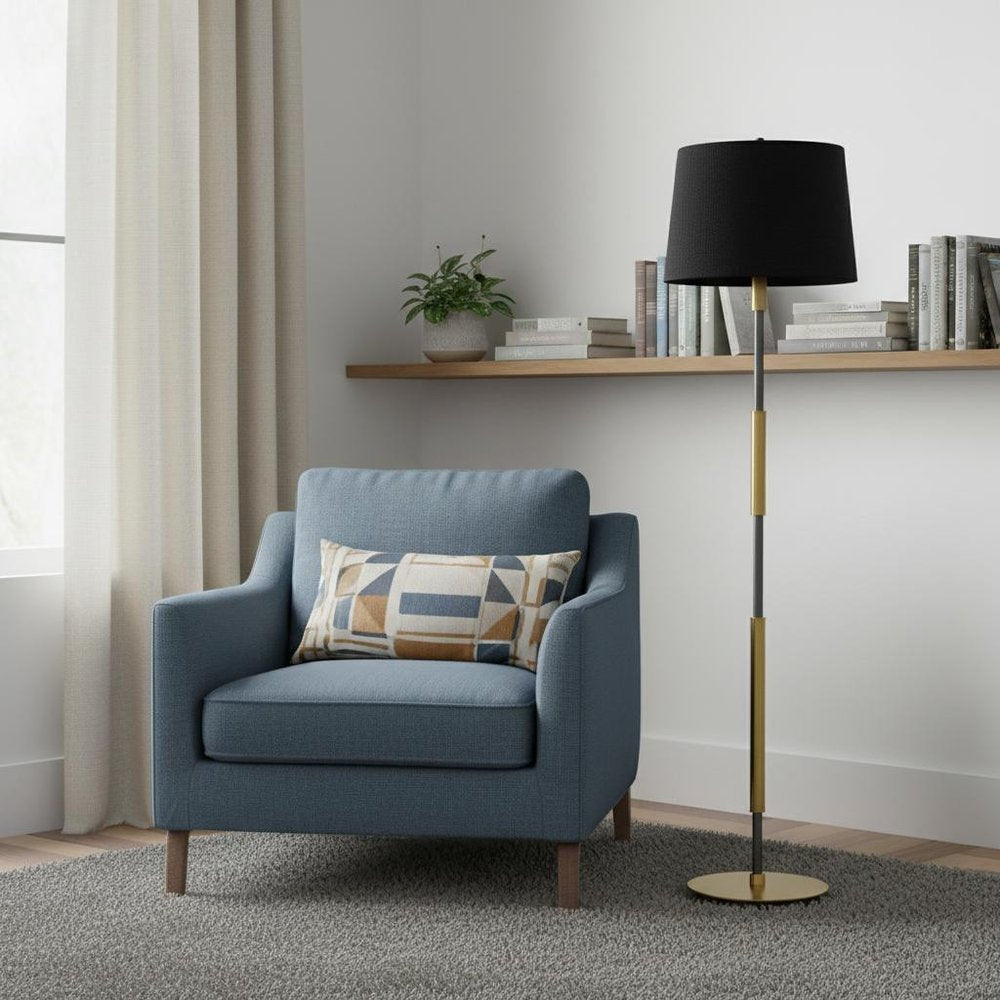 60" Antiqued Brass Metal Floor Lamp With Black Fabric Drum Shade