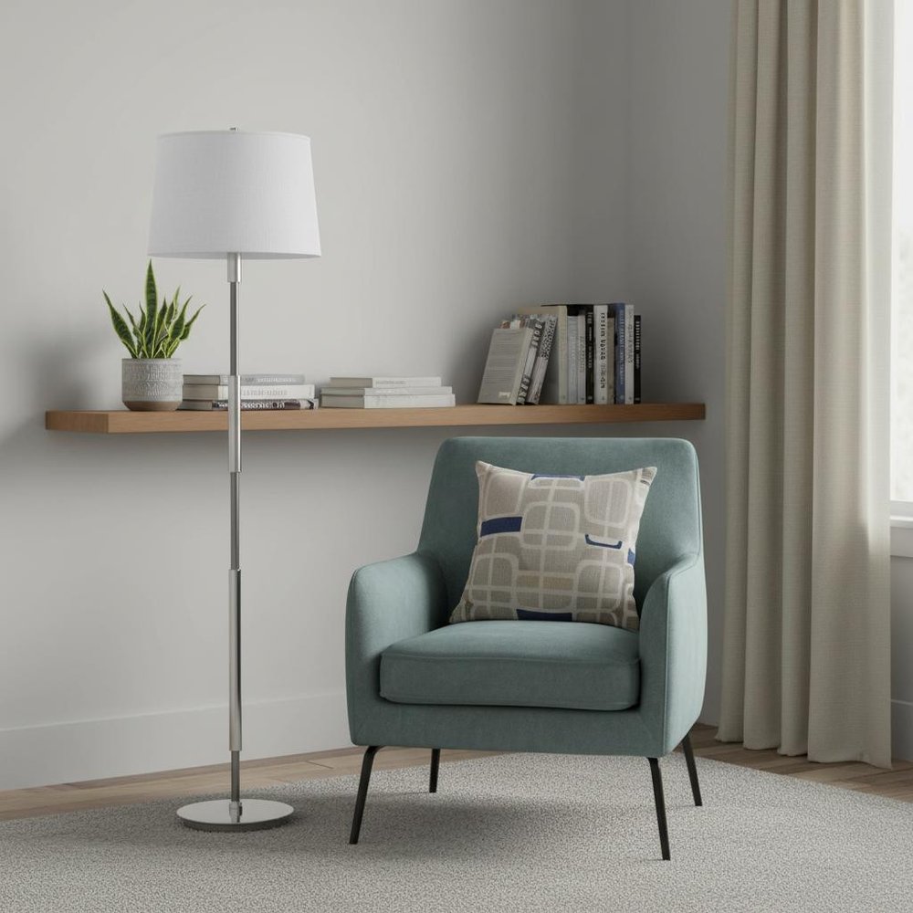 60" Silver Metal Floor Lamp With White Fabric Drum Shade