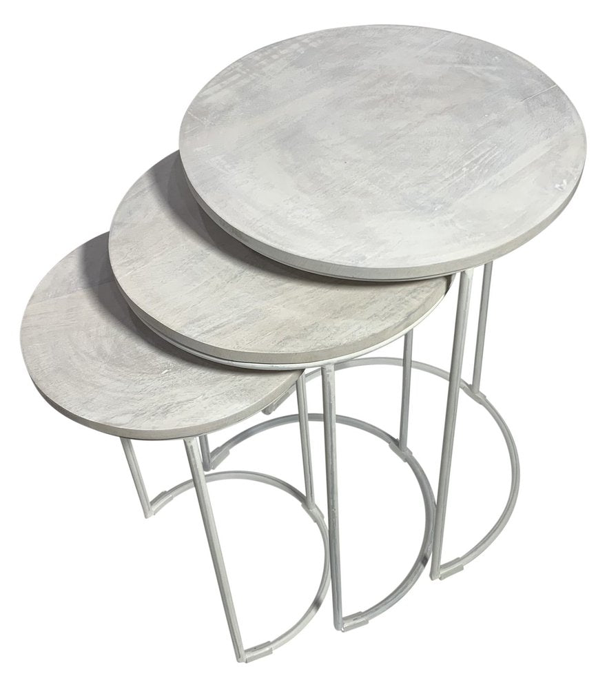Set of Two White Solid Wood and Metal Round Frame Nested Tables