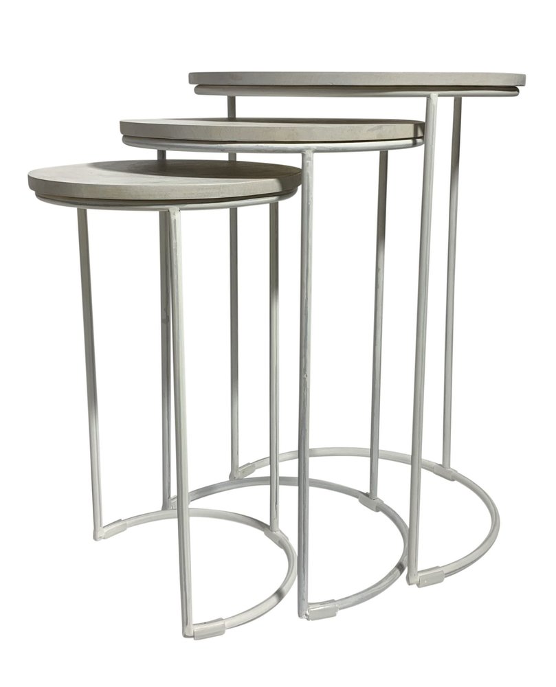 Set of Two White Solid Wood and Metal Round Frame Nested Tables