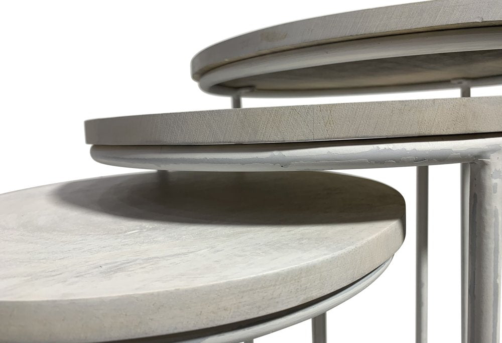 Set of Two White Solid Wood and Metal Round Frame Nested Tables