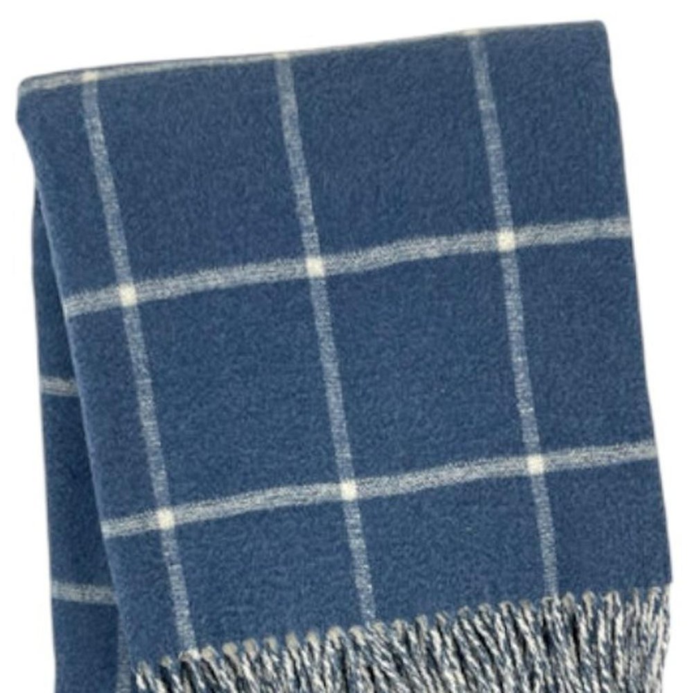 50" X 67" Denim Blue And White Cotton Blend Woven Plaid Throw Blanket with Fringe