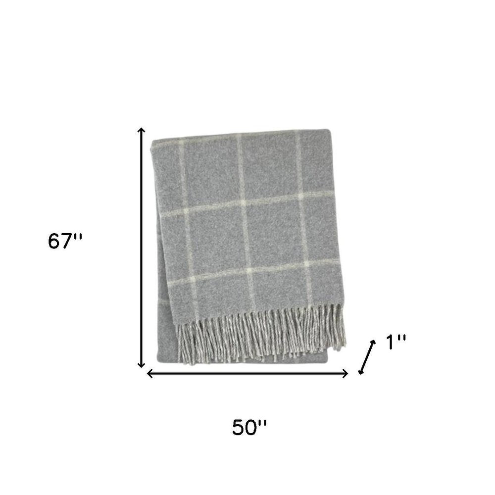 50" X 67" Light Gray And White Cotton Blend Woven Plaid Throw Blanket with Fringe