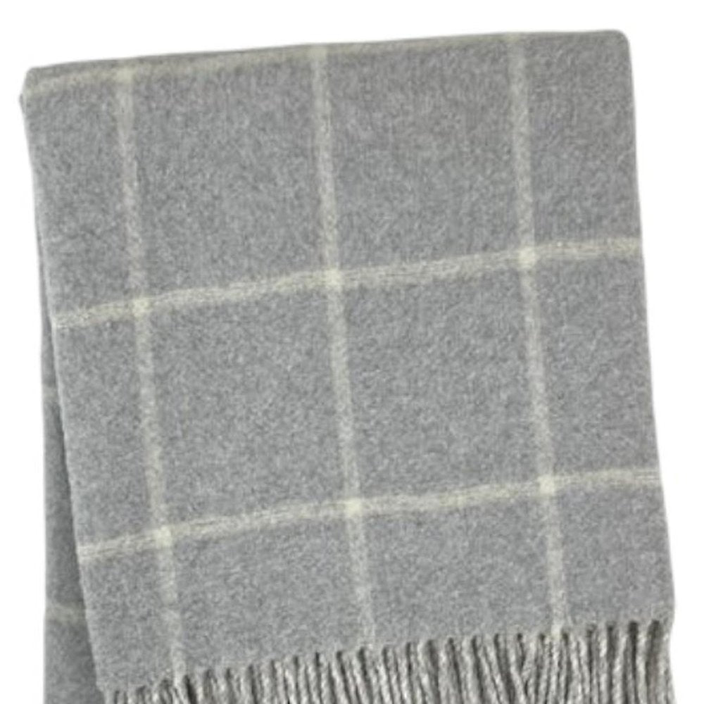 50" X 67" Light Gray And White Cotton Blend Woven Plaid Throw Blanket with Fringe