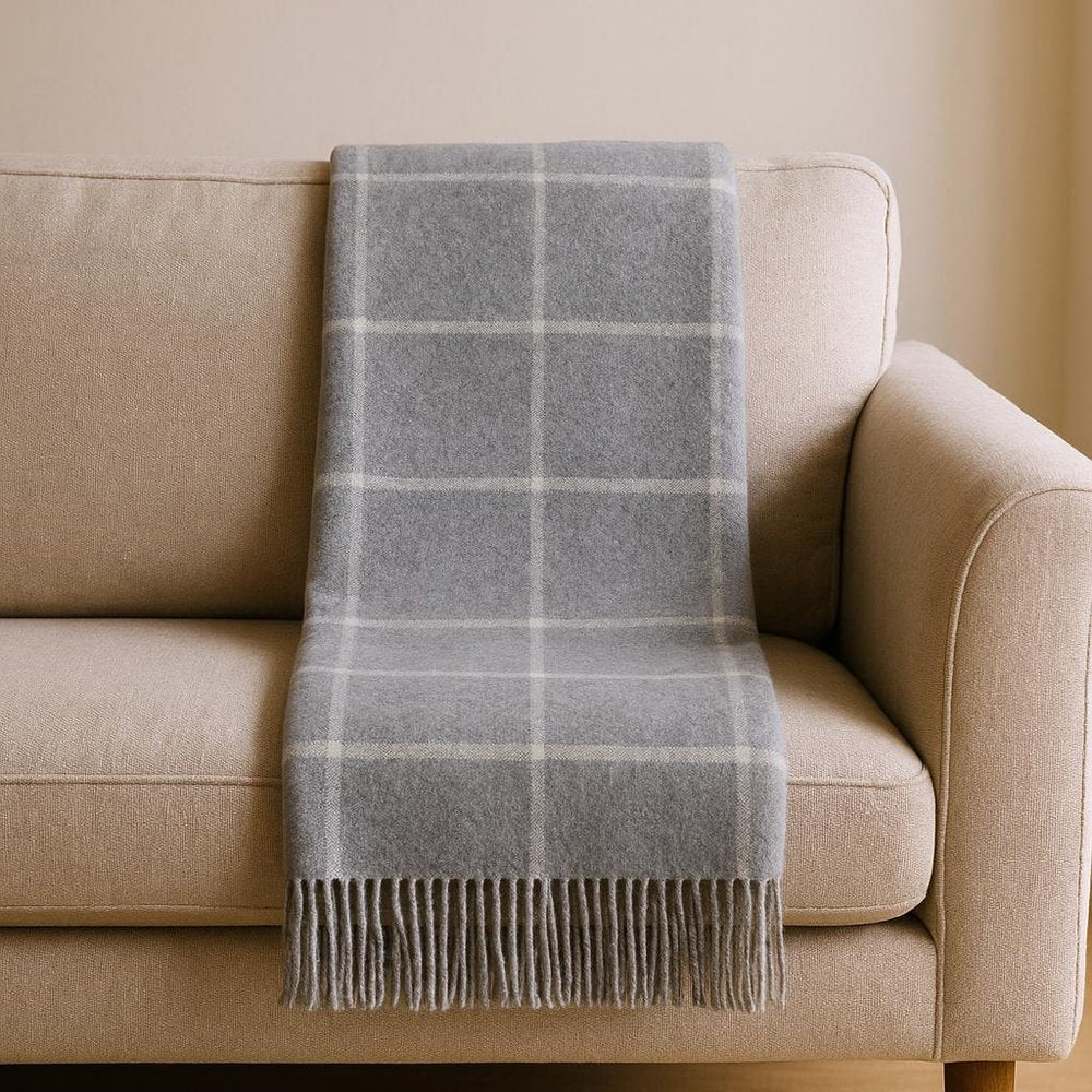 50" X 67" Light Gray And White Cotton Blend Woven Plaid Throw Blanket with Fringe
