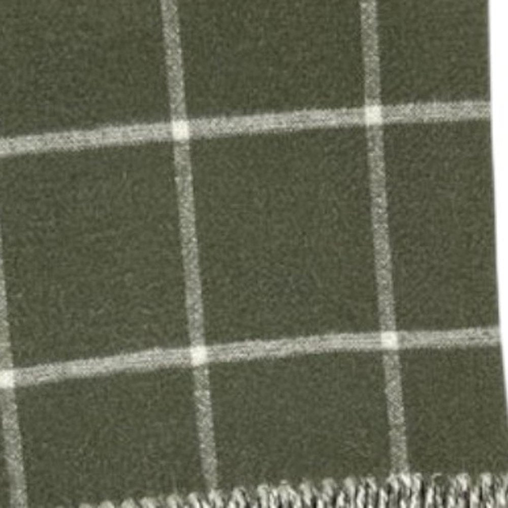 50" X 67" Olive Green And White Cotton Blend Woven Plaid Throw Blanket with Fringe