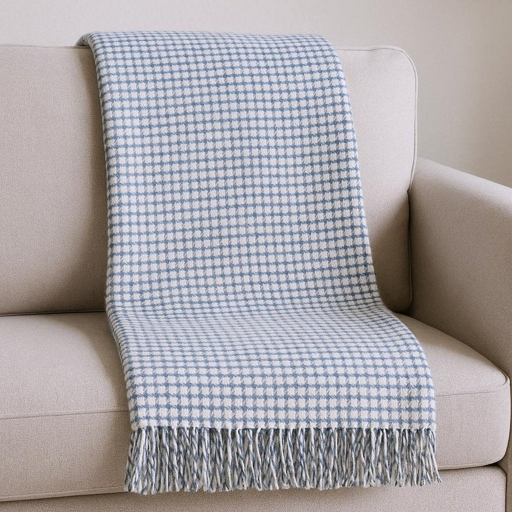 50" X 67" Cream And Denim Blue Cotton Blend Woven Plaid Throw Blanket with Fringe