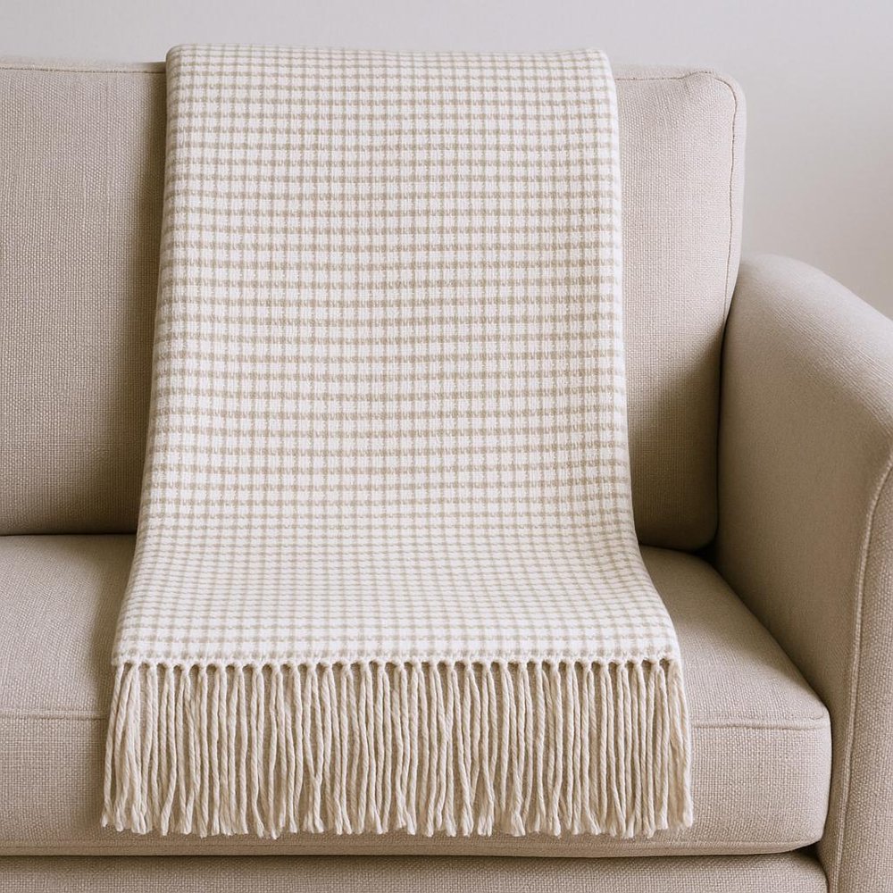 50" X 67" Cream And Sand Cotton Blend Woven Plaid Throw Blanket with Fringe