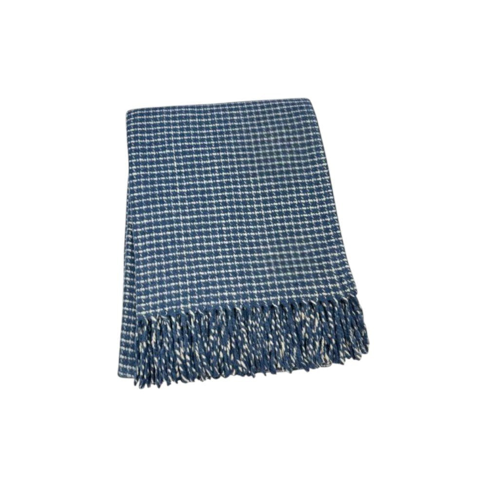 50" X 67" Denim Blue And Cream Cotton Blend Woven Plaid Throw Blanket with Fringe