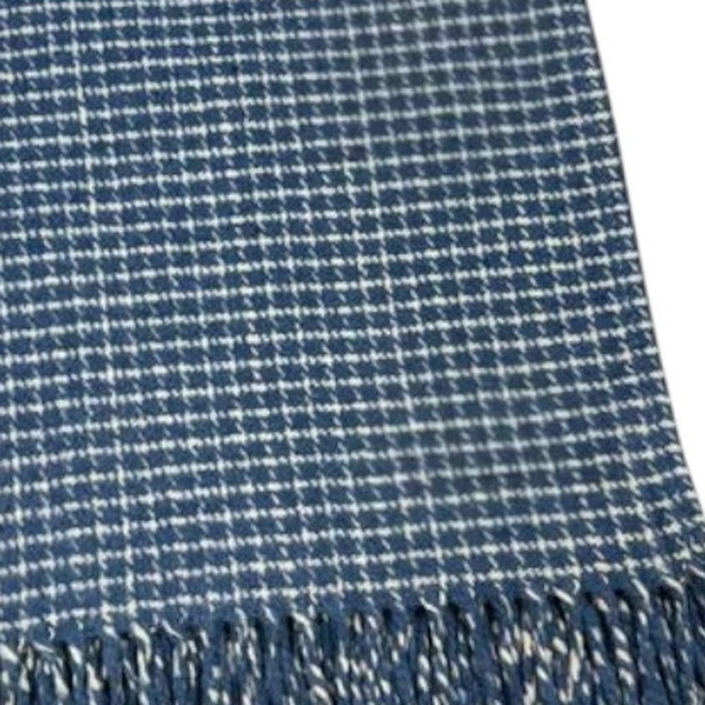 50" X 67" Denim Blue And Cream Cotton Blend Woven Plaid Throw Blanket with Fringe