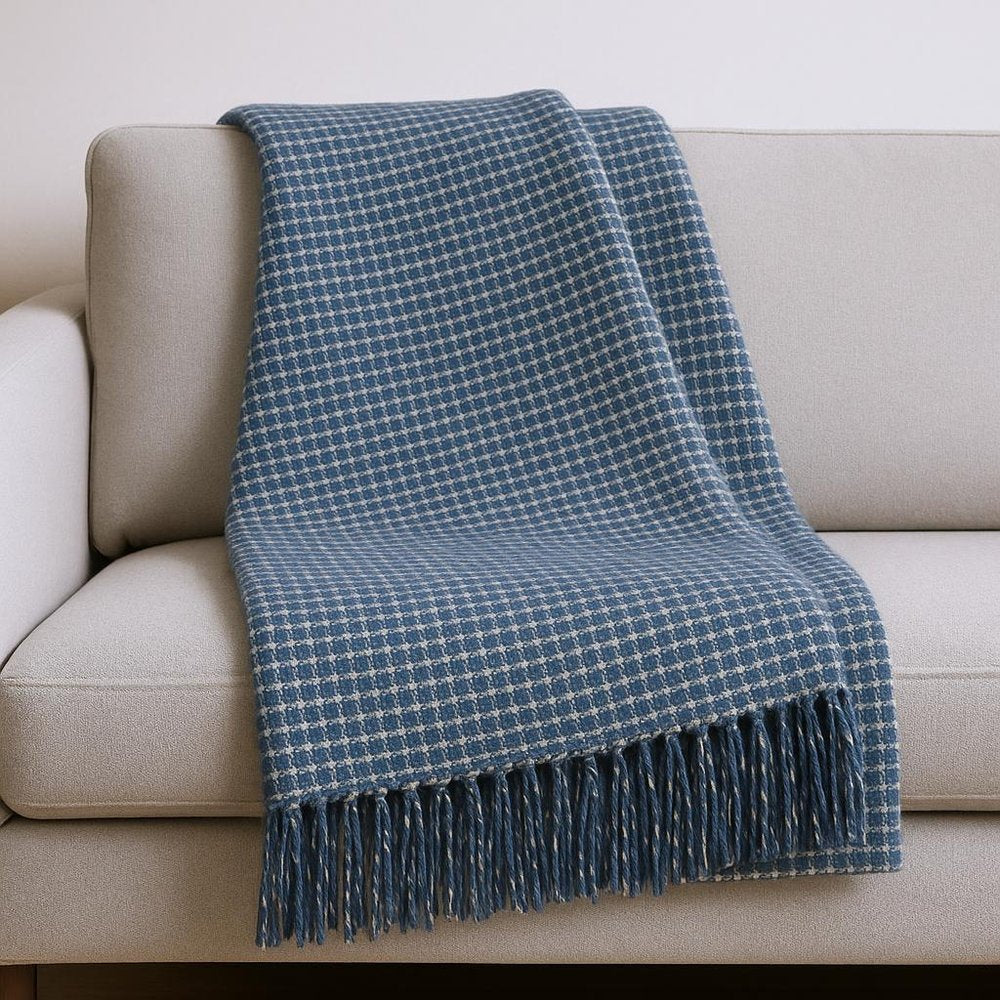 50" X 67" Denim Blue And Cream Cotton Blend Woven Plaid Throw Blanket with Fringe