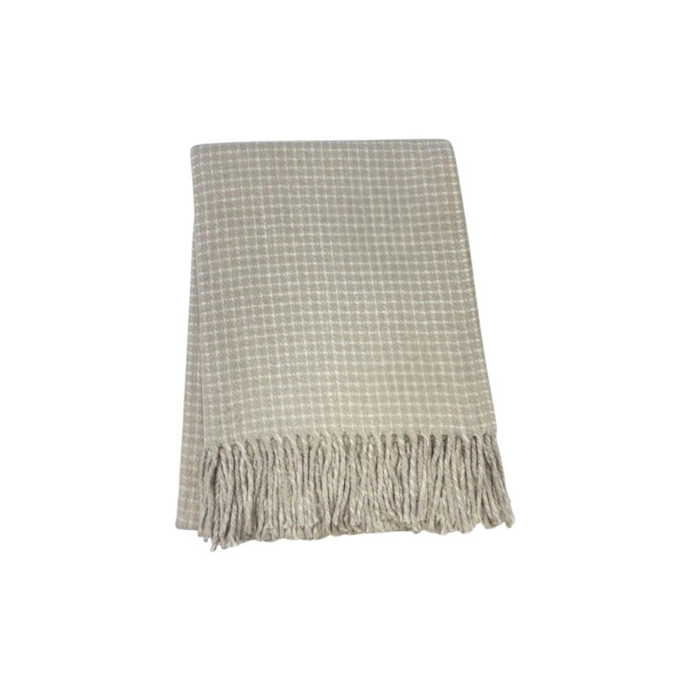 50" X 67" Sand And Cream Cotton Blend Woven Plaid Throw Blanket with Fringe