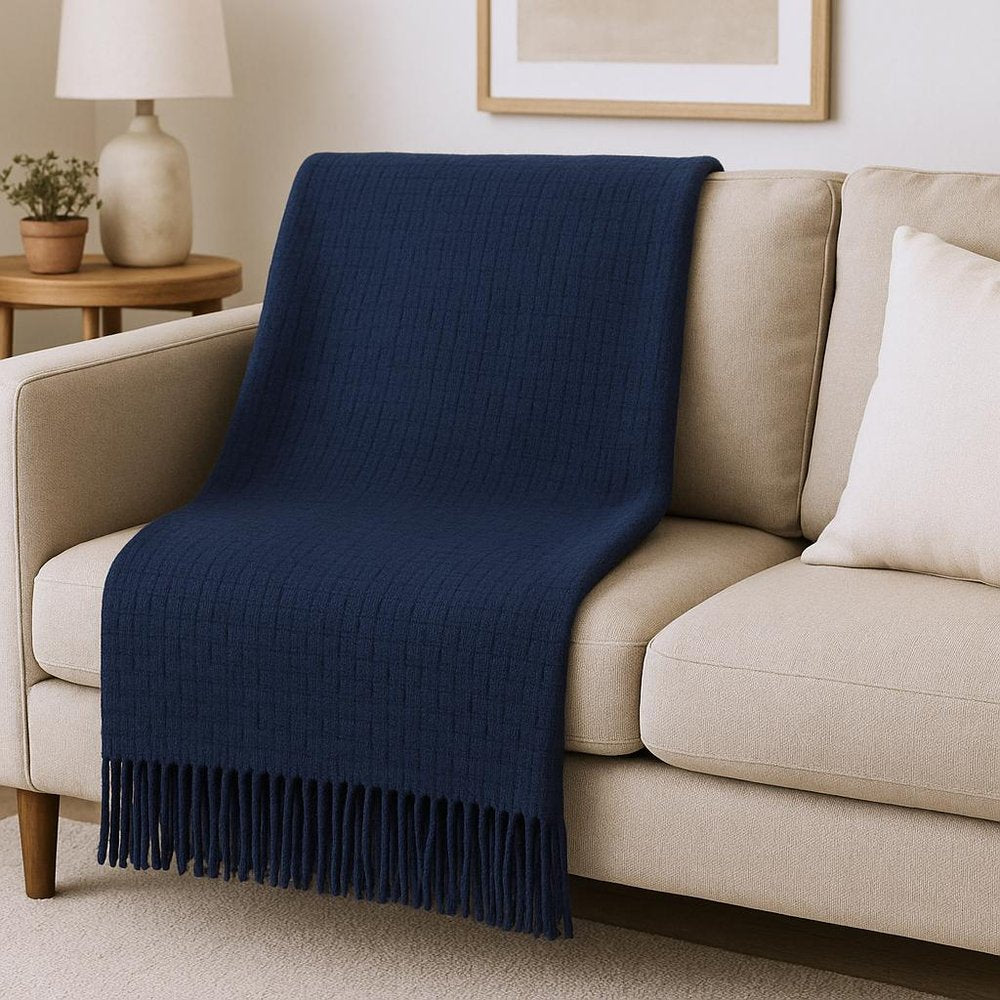 50" X 67" Navy Blue Cotton Blend Woven Throw Blanket with Fringe