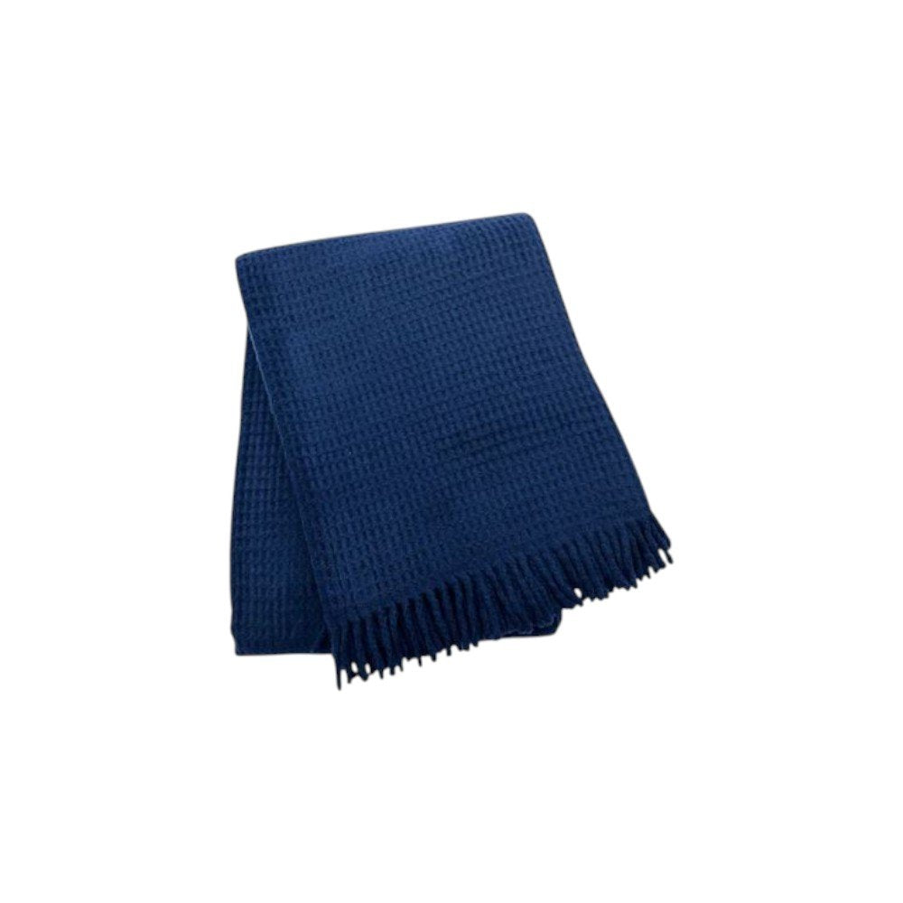 55" X 70" Navy Blue Cotton Blend Waffle Weave Throw Blanket with Fringe