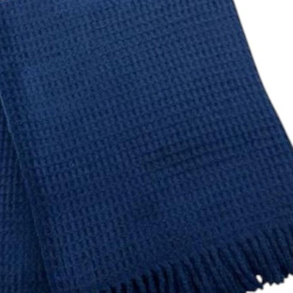 55" X 70" Navy Blue Cotton Blend Waffle Weave Throw Blanket with Fringe