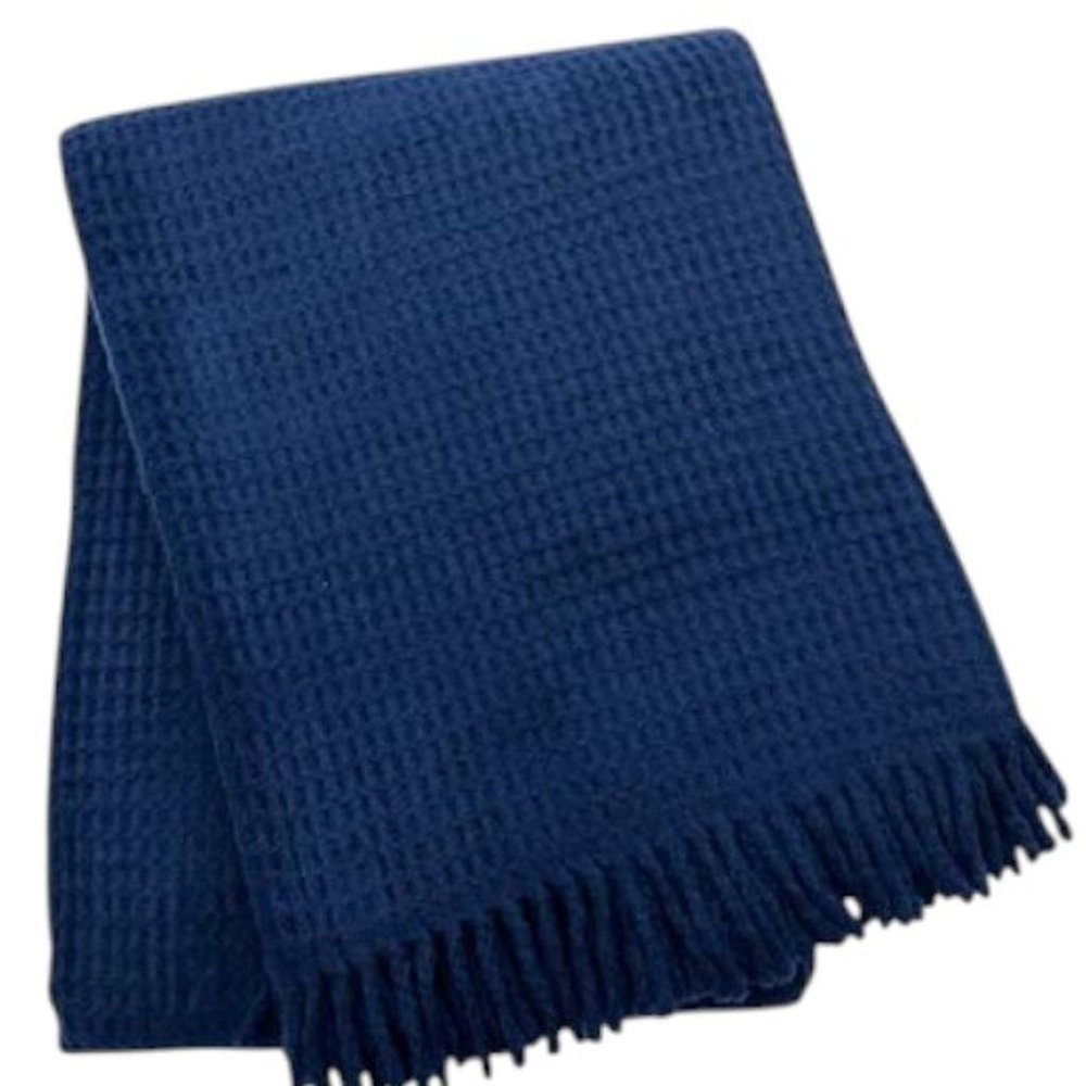 55" X 70" Navy Blue Cotton Blend Waffle Weave Throw Blanket with Fringe