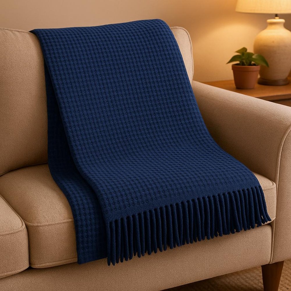 55" X 70" Navy Blue Cotton Blend Waffle Weave Throw Blanket with Fringe