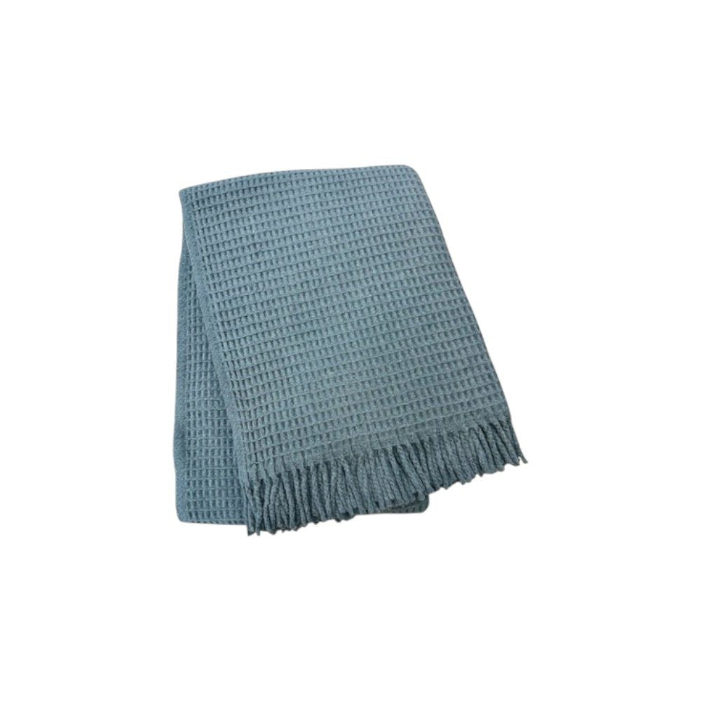 55" X 70" Slate Blue Cotton Blend Waffle Weave Throw Blanket with Fringe