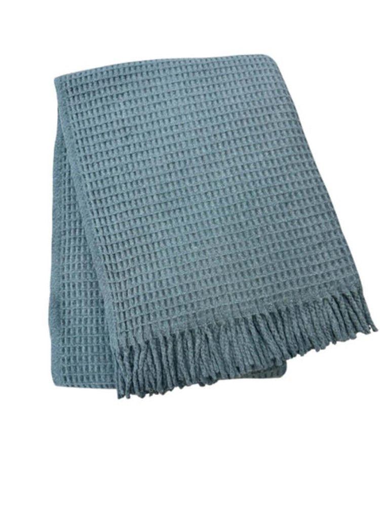 55" X 70" Slate Blue Cotton Blend Waffle Weave Throw Blanket with Fringe