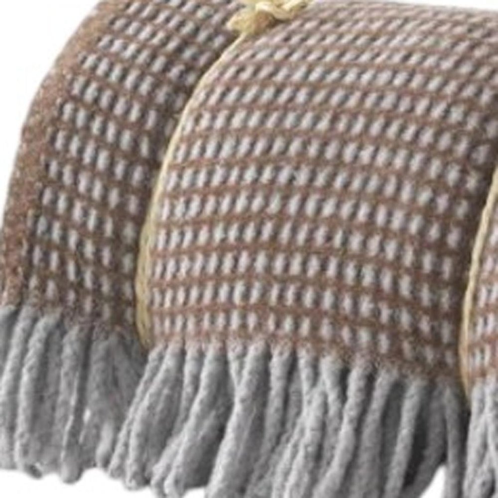 55" X 70" Chocolate And Gray Cotton Blend Woven Checkered Plush Throw Blanket with Fringe