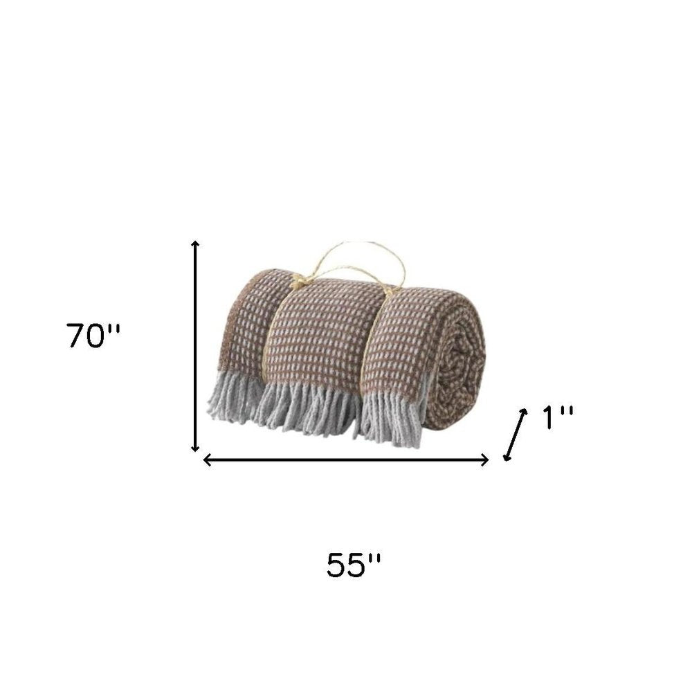 55" X 70" Chocolate And Gray Cotton Blend Woven Checkered Plush Throw Blanket with Fringe