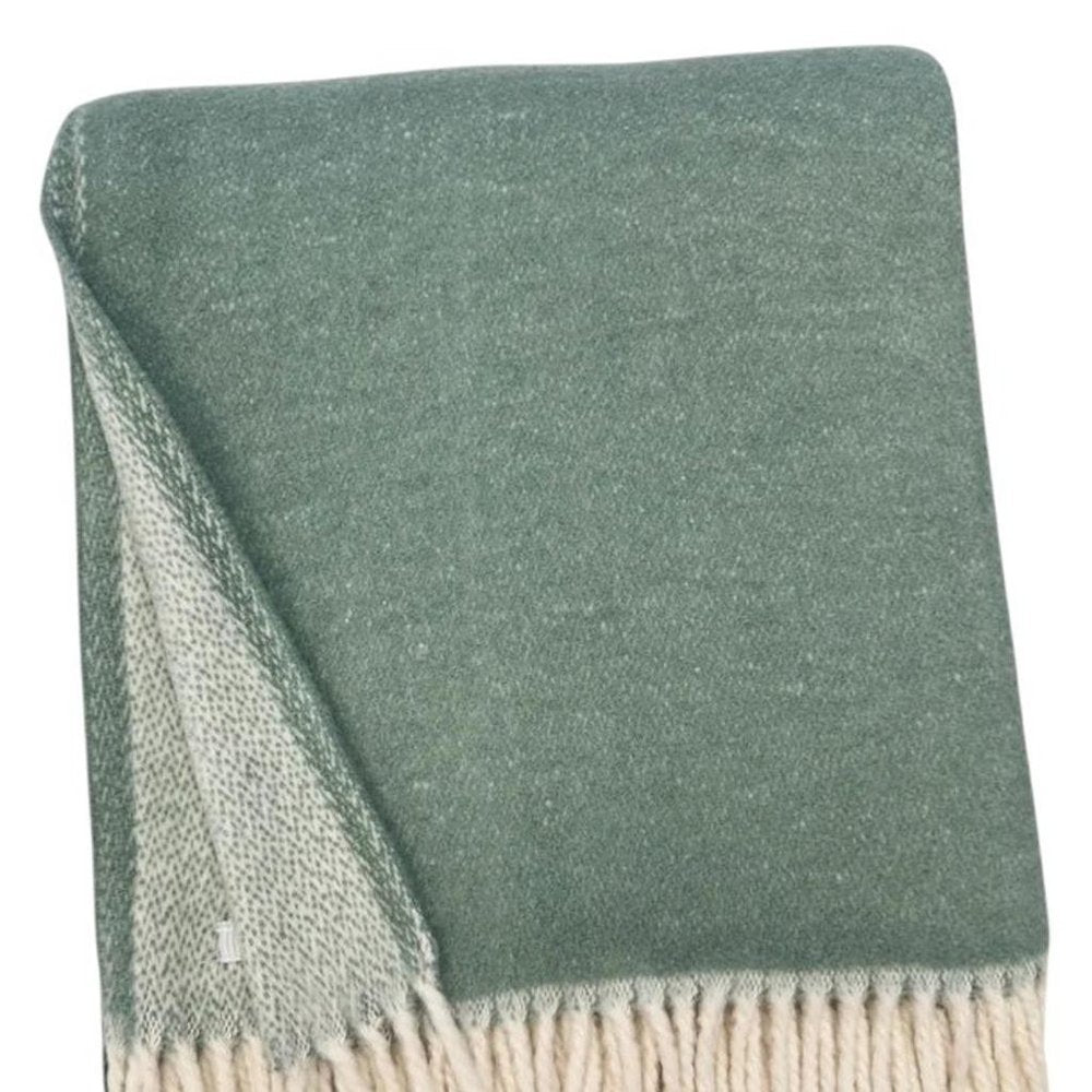 55" X 70" Sage And White Cotton Blend Woven Chevron Plush Throw Blanket with Fringe