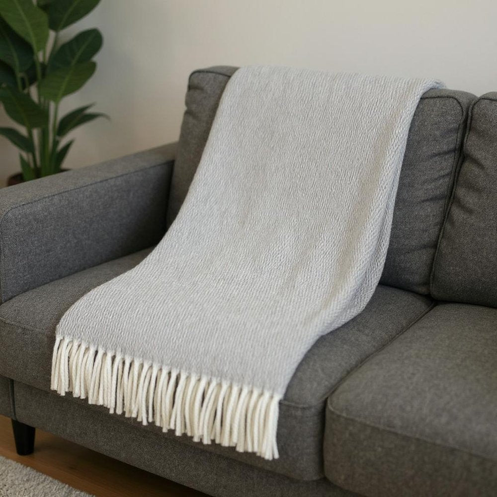 55" X 70" Light Gray And White Herringbone Cotton And Microfiber Woven Throw Blanket with Fringe