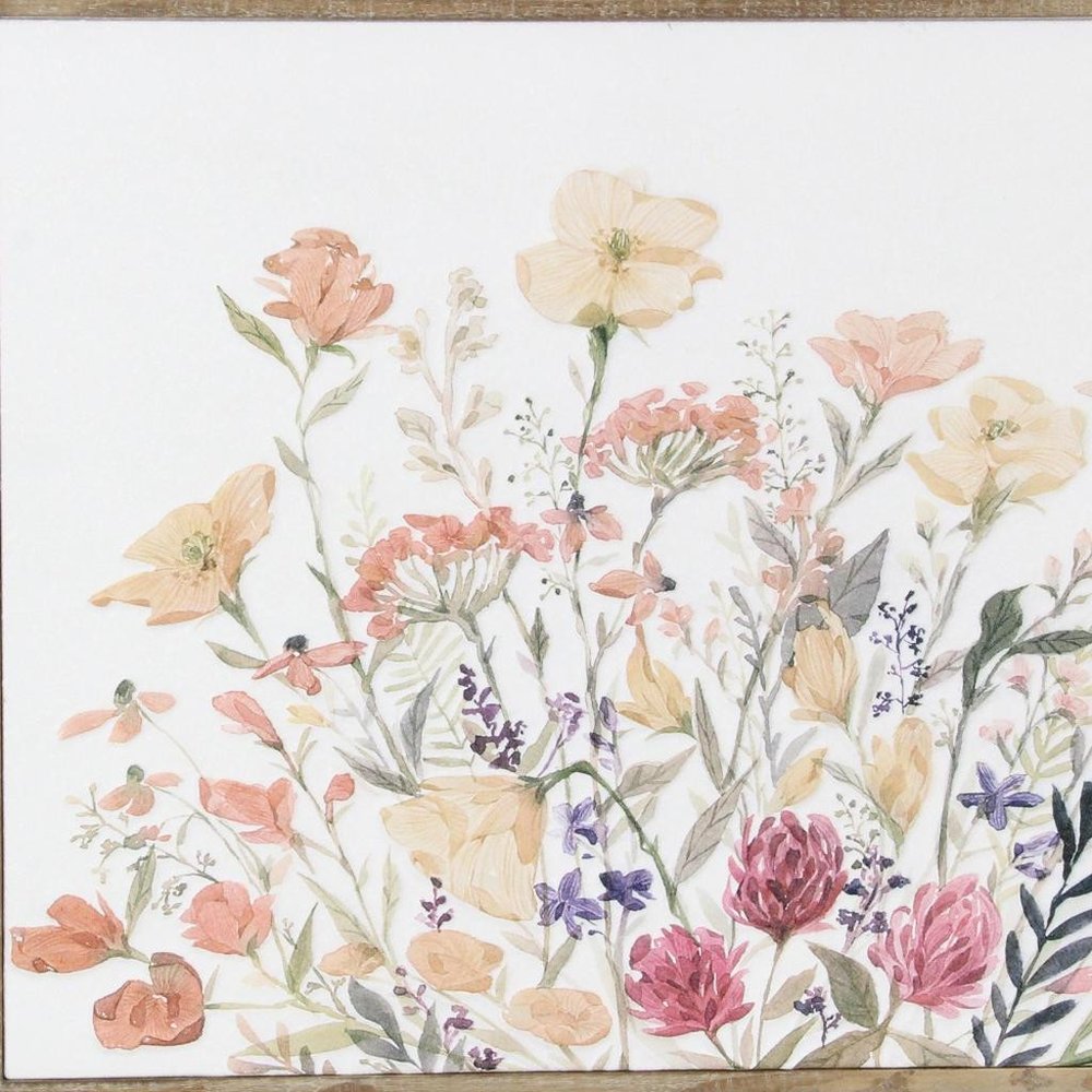 24" X 32" Natural And White Flower Bouquet Metal And Wood Framed Art