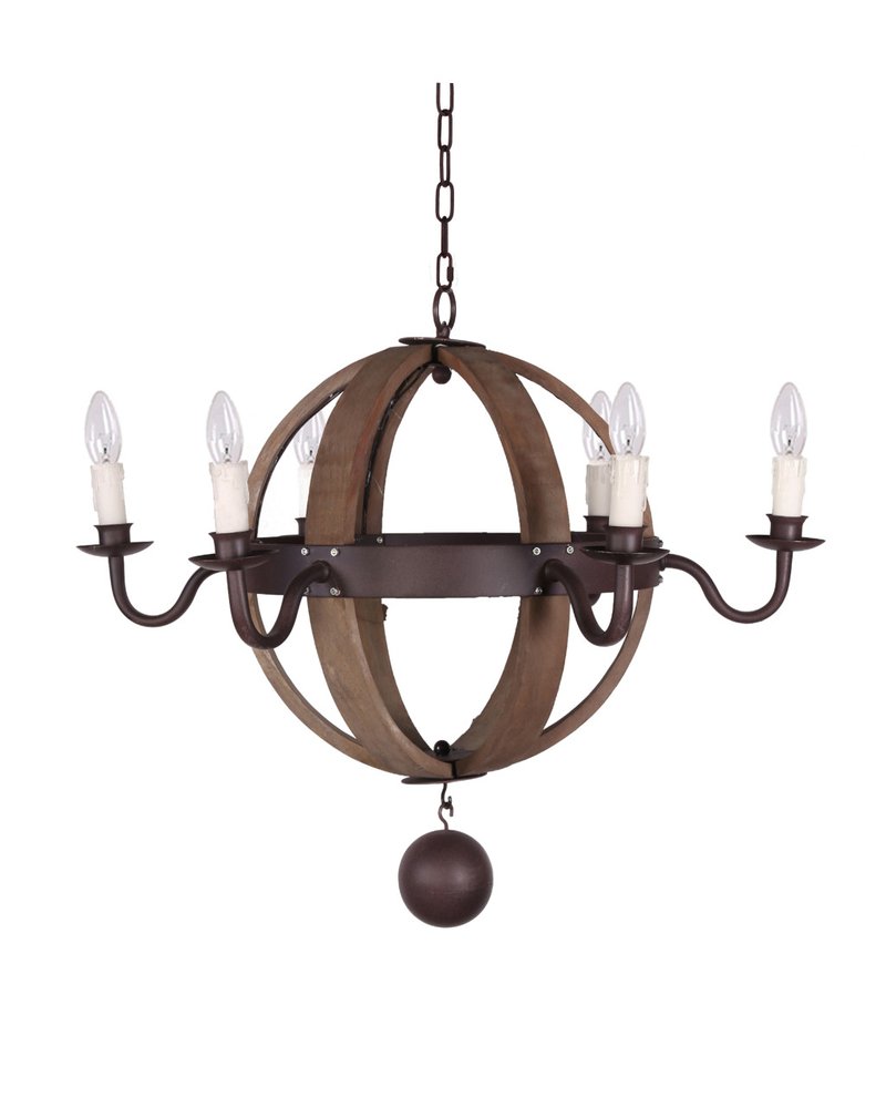 Brown And Black Wood and Metal Sphere Six Light Dimmable Chandelier