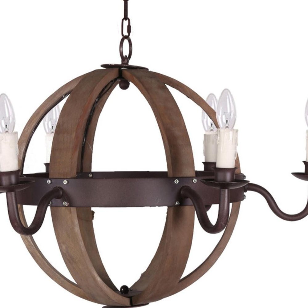 Brown And Black Wood and Metal Sphere Six Light Dimmable Chandelier