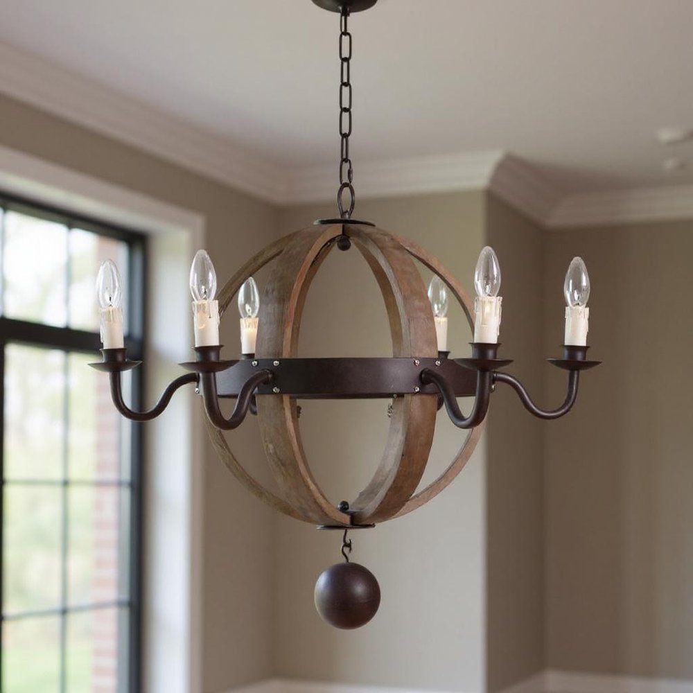 Brown And Black Wood and Metal Sphere Six Light Dimmable Chandelier