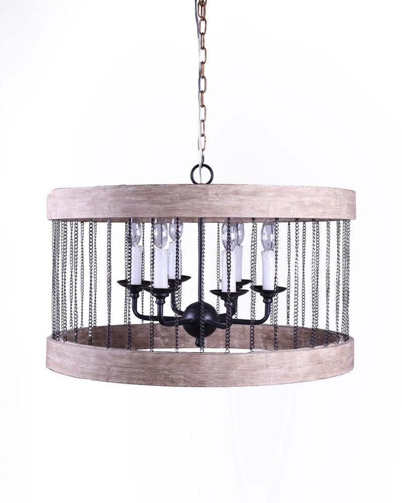 Black And Natural Wood and Metal Cylinder Six Light Dimmable Chandelier