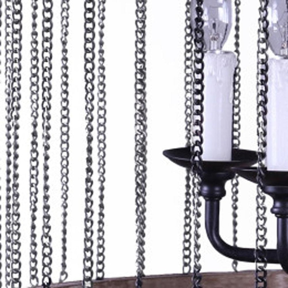 Black And Natural Wood and Metal Cylinder Six Light Dimmable Chandelier