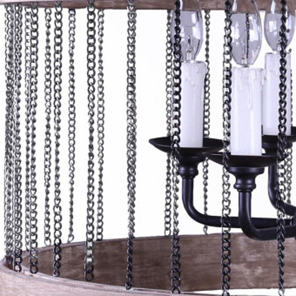 Black And Natural Wood and Metal Cylinder Six Light Dimmable Chandelier