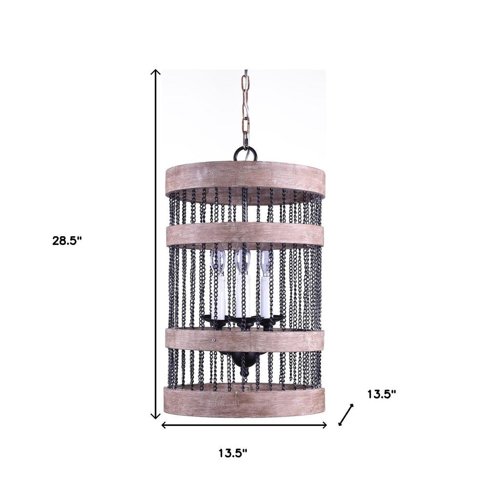 Black And Natural Wood and Metal Cylinder Three Light Dimmable Chandelier