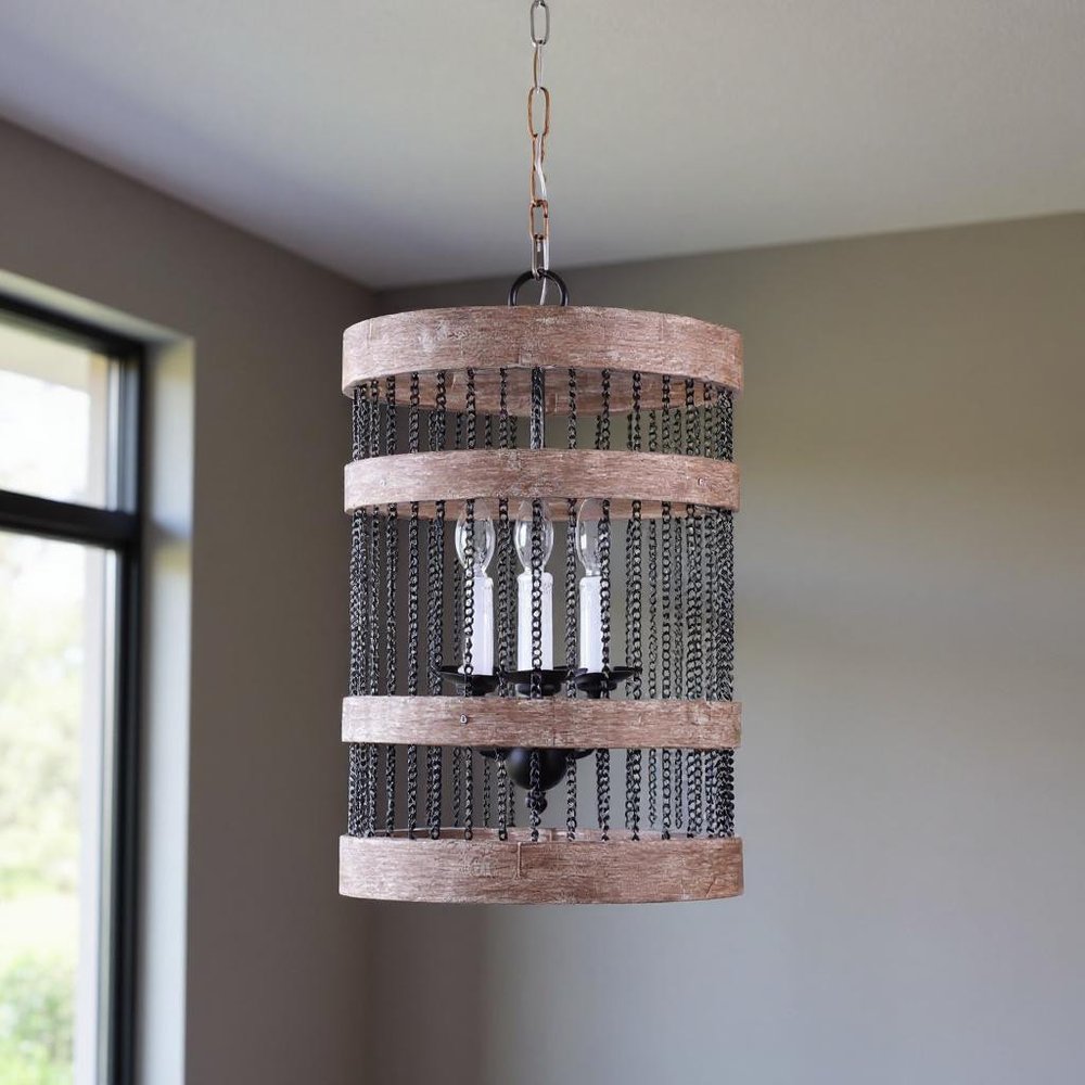 Black And Natural Wood and Metal Cylinder Three Light Dimmable Chandelier