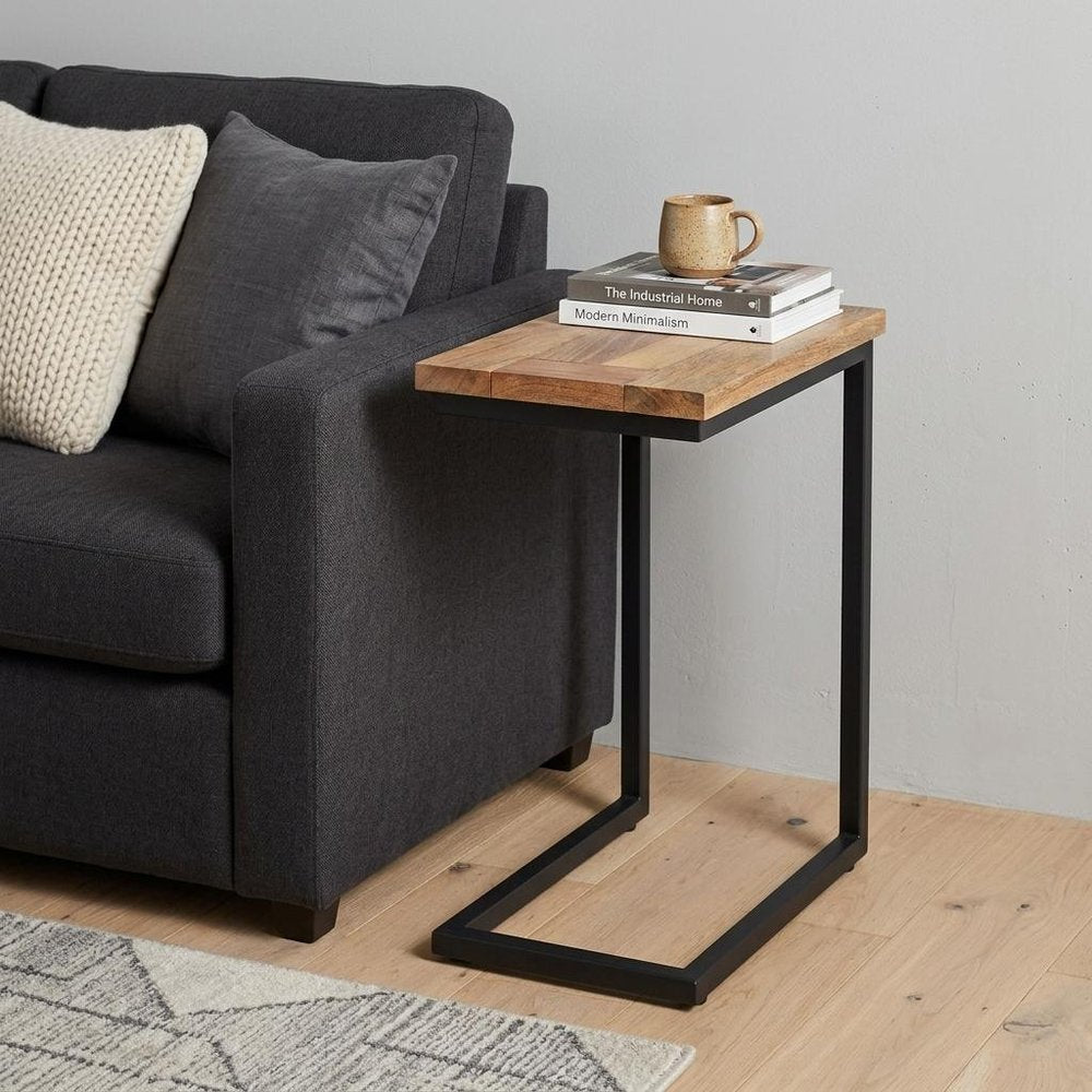 24" Natural And Charcoal Solid Wood And Iron End Table
