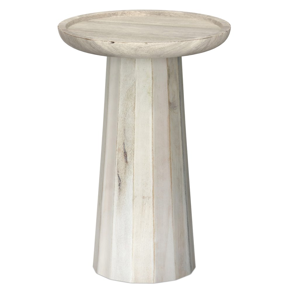 19" Natural And White Distressed Solid Wood Round Pedestal End Table