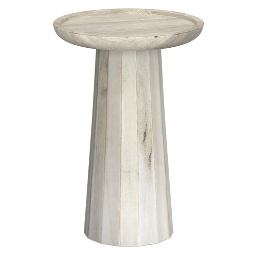 19" Natural And White Distressed Solid Wood Round Pedestal End Table