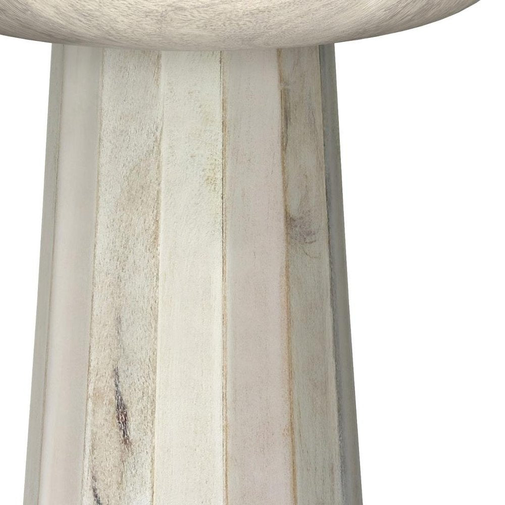 19" Natural And White Distressed Solid Wood Round Pedestal End Table