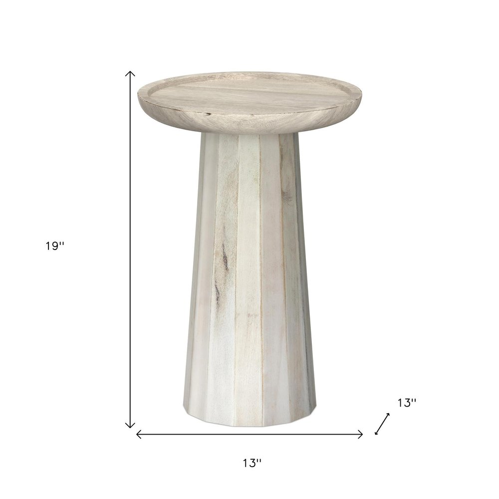 19" Natural And White Distressed Solid Wood Round Pedestal End Table