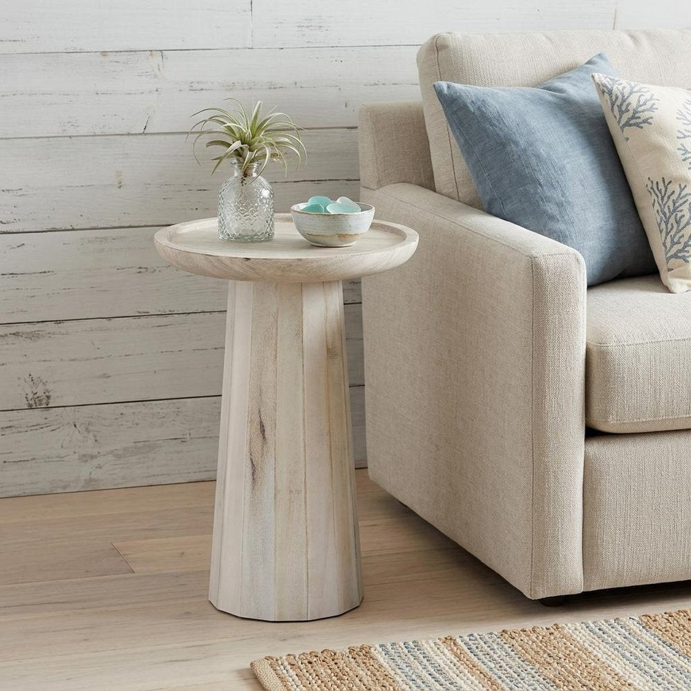 19" Natural And White Distressed Solid Wood Round Pedestal End Table