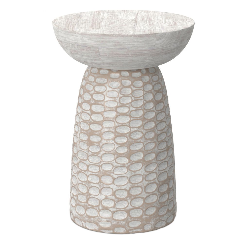 18" Natural And White Distressed Solid Wood Round Pedestal End Table