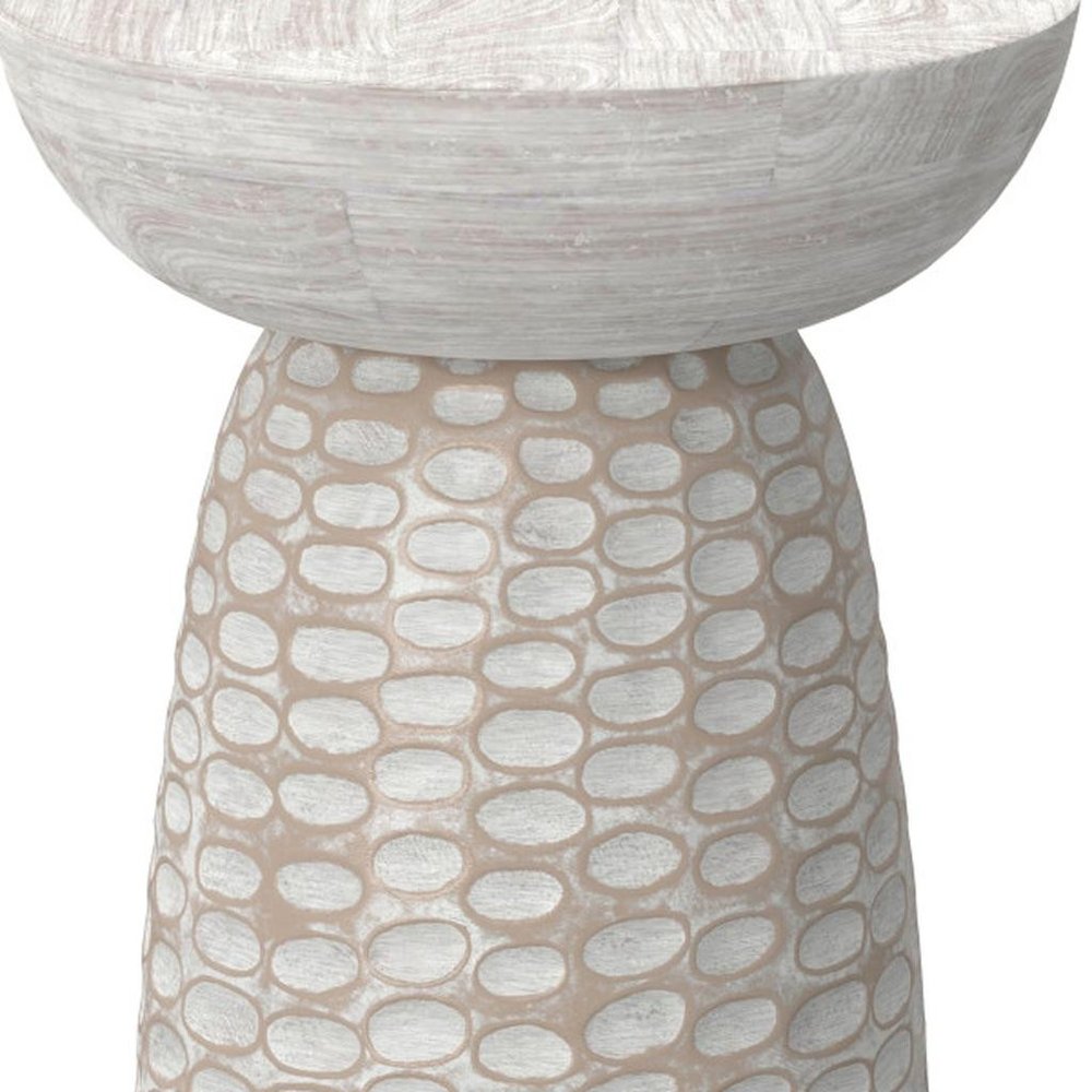 18" Natural And White Distressed Solid Wood Round Pedestal End Table
