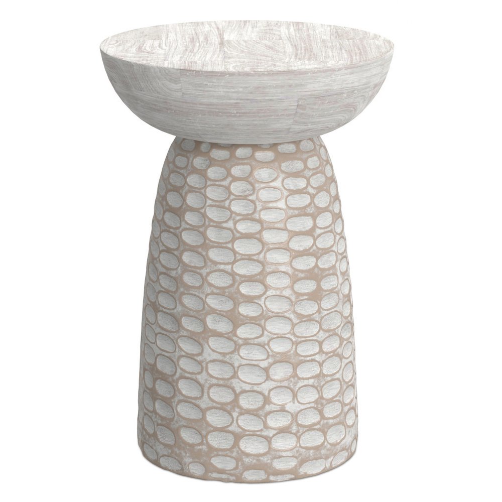 18" Natural And White Distressed Solid Wood Round Pedestal End Table